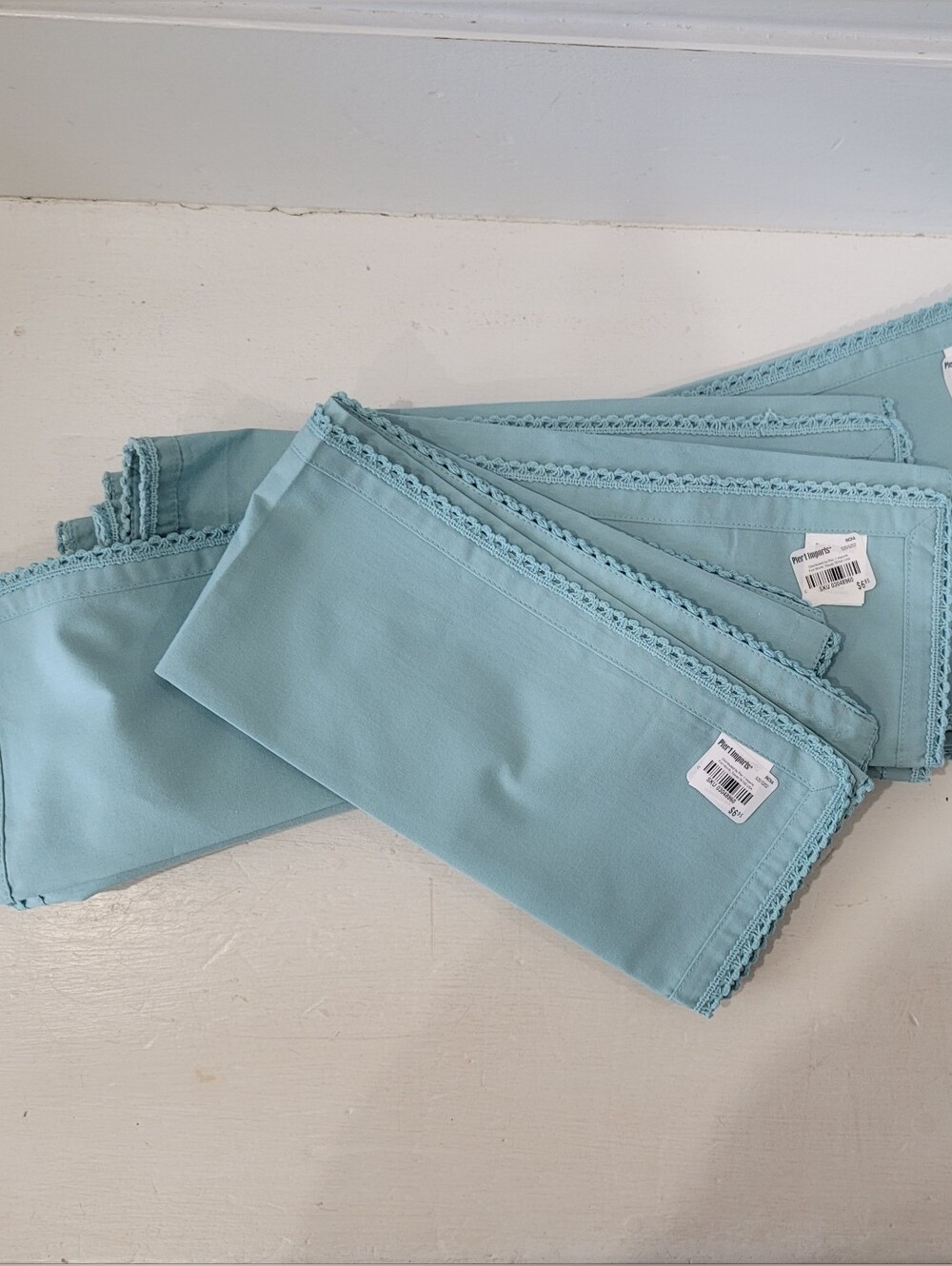 Pier 1 cotton napkins, seafoam green color with a matching hand-crochet Edge.